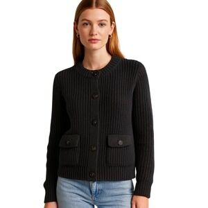 Loft Military Style Black Knit Cardigan Sweater Small Preppy Classic Old Money